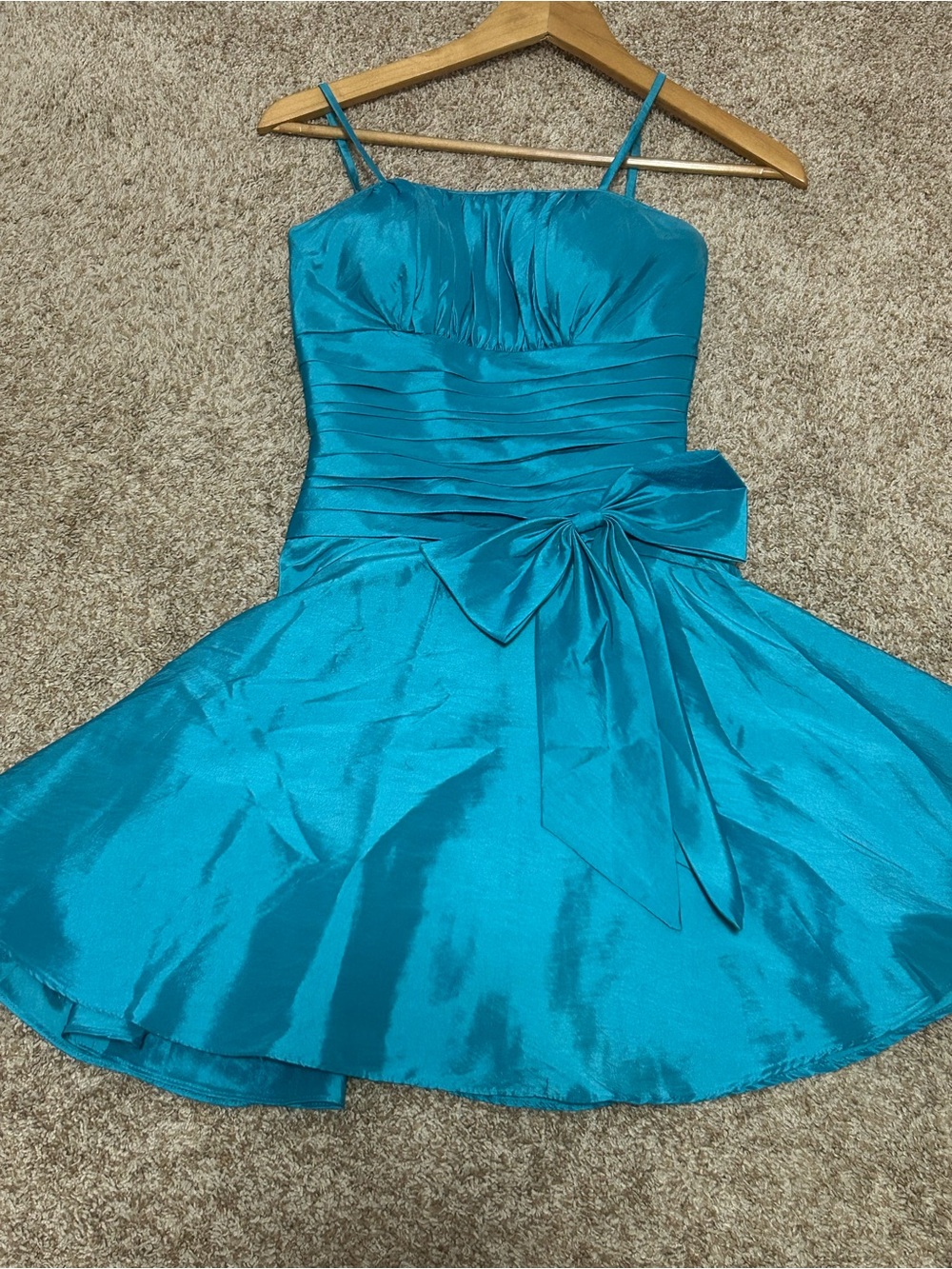 Dancing Queen Mini Flare Dress Blue Turquoise Satin Ruched Bow Tulle